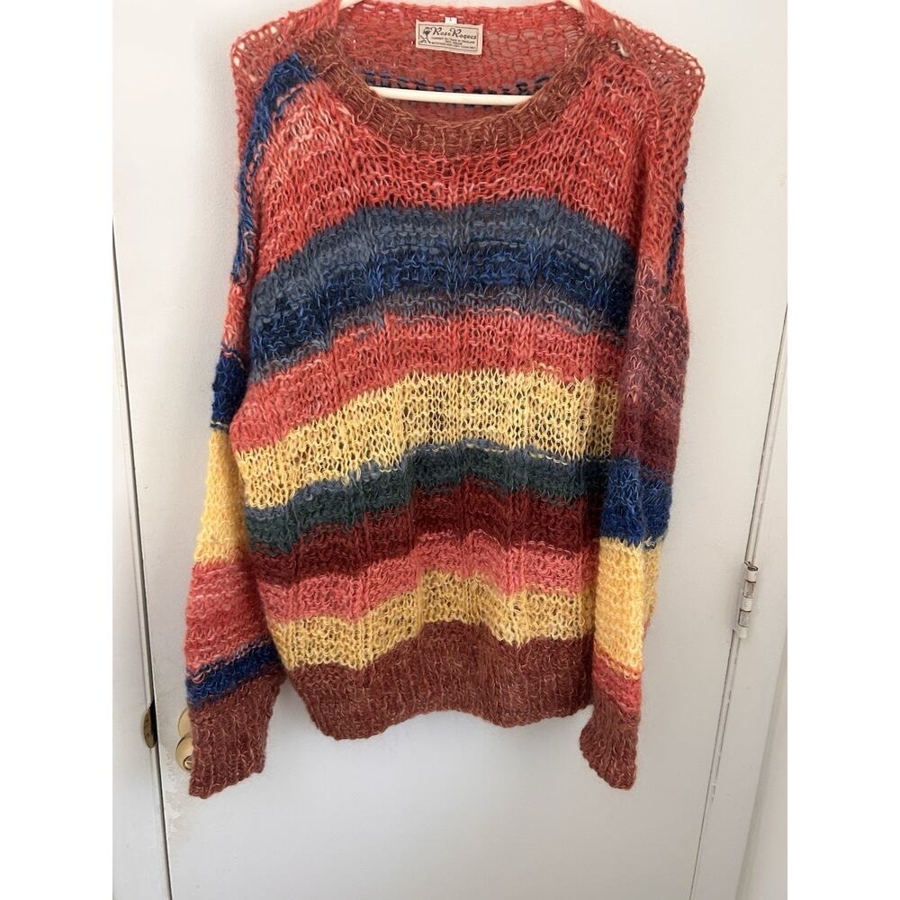 Rose Roques 100% Mohair Striped Knit Pullover Sweater Crew Neck Women's L